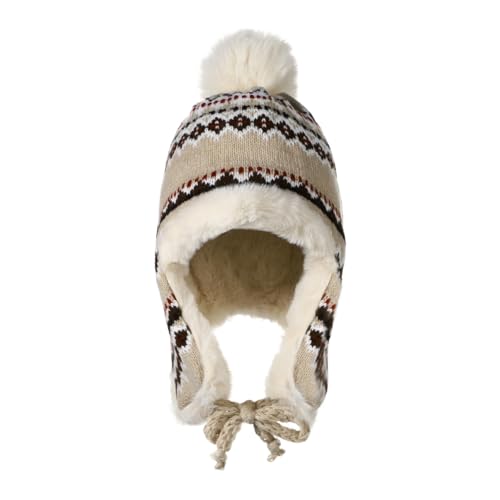 XGOPTS Women Winter Faux Fur Trapper Hat Warm Fleece Lined Beanie Cap Furry Pom Jacquard Knited Hats Knit Cossack Russian Hat - color: Beige