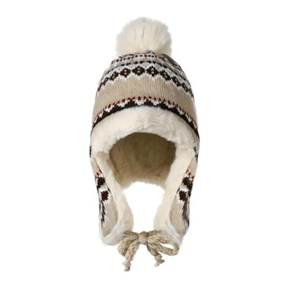 XGOPTS Women Winter Faux Fur Trapper Hat Warm Fleece Lined Beanie Cap Furry Pom Jacquard Knited Hats Knit Cossack Russian Hat - color: Beige