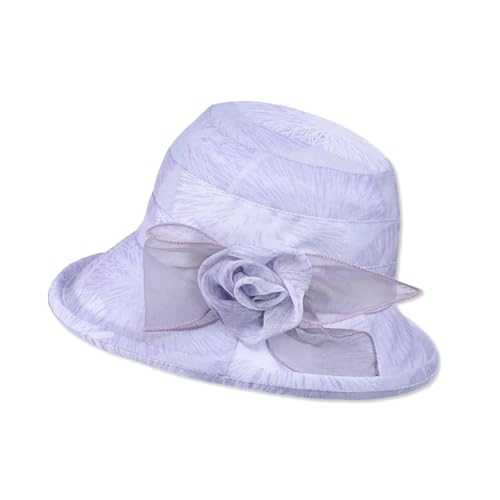 LumiSyne Women's Tulle Sun Hat Floral Bucket Hat Vintage Elegant Cloche Hat with Upturn Brim Summer Cap for Beach Travel - color: Purple