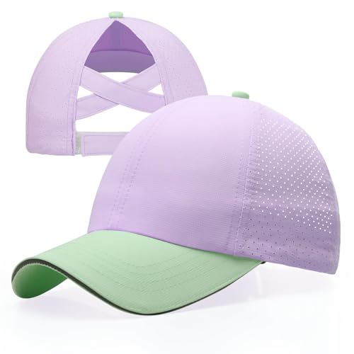 Girls Criss Cross Ponytail Hat Mesh Baseball Cap Kids Quick Dry Ponycap Hats Outdoor Summer Sports Hat Age 7-12 - color: Purple 01