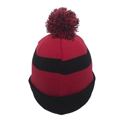 Pacific Headwear Unisex Adult Pacific Headwear Knit Fold Over Pom-pom Beanie - color: Black/Red/Black, size: One Size