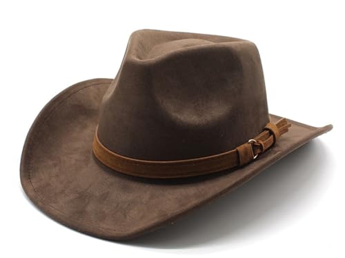 Unisex Western Suede Cowboy Cowgirl Hat Classic Wide Brim Fedora Hat for Men &Women - color: Brown