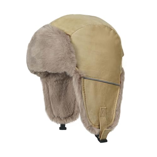 CLAPE Winter Trapper Hat with Ear Flaps, Warm Faux Fur Lined Windproof Snow Cap Aviator Hat with Reflective Strap - color: Pl2509-khaki