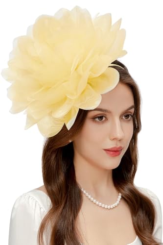 BABEYOND Fascinators Hats for Women Large Tea Party Mesh Flower Derby Hat - color: Light Yellow, size: One Size
