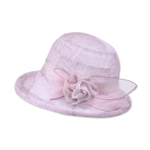 LumiSyne Women's Tulle Sun Hat Floral Bucket Hat Vintage Elegant Cloche Hat with Upturn Brim Summer Cap for Beach Travel - color: Pink