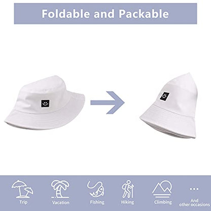Kids Sun Hat Smile Face Bucket Hat for Girls Boys Summer Sun Protection Cotton Unisex Beach Cap - color: White