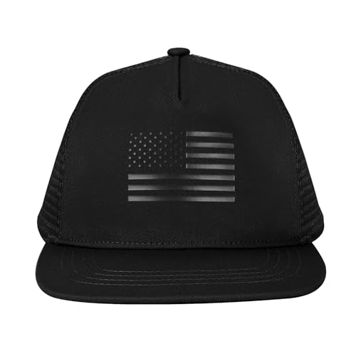 BROMZ Kids Youth American Flag Trucker Hat Flat Bill, Breathable Mesh Back Snapback Baseball Cap for Boys Girls 5-15 Years - color: Black/Black Flag