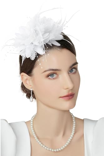 BABEYOND Flower Feather Beads Fascinator Headband for Women Derby Headpiece - color: White