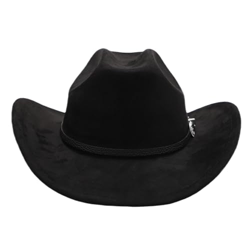 Western Cowboy Hat for Men Cowgirl Hat for Women Unisex Wide Brim Felt Fedora Hats Classic Flat Top Hats with Buckle Belt - color: A-black