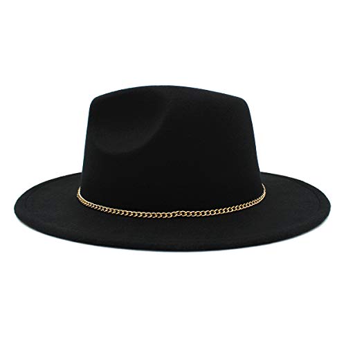 Premium 3" Wide Brim Solid Color Felt Gold Chain Fedora Panama Hat - color: Black