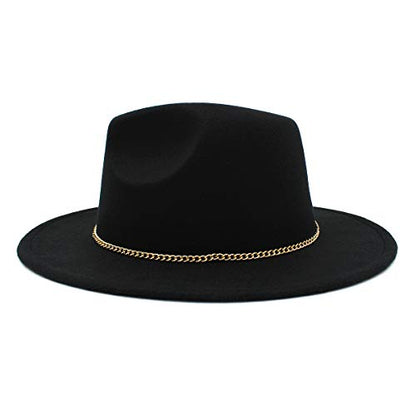 Premium 3" Wide Brim Solid Color Felt Gold Chain Fedora Panama Hat - color: Black