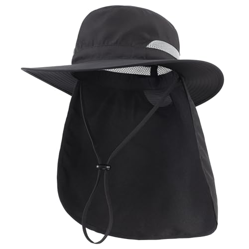 Connectyle UPF 50+ Wide Brim Sun Hat for Men Women UV Protection Fishing Hat with Neck Flap Outdoor Safari Bucket Hiking Hats - color: Black
