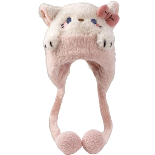 KORADI Girls Animals Knit Hats Winter Plush Beanies Hat Boys Warm Earflap Cute Cartoon Ski Cap Kid with Pom 2-12 Years - color: Pink