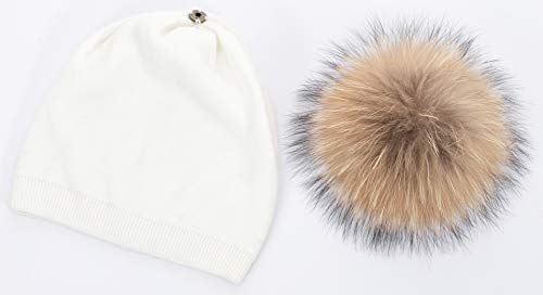 Women's Double Layer Winter Slouchy Knit Beanie Hat with Real Fur Pom Pom - color: White