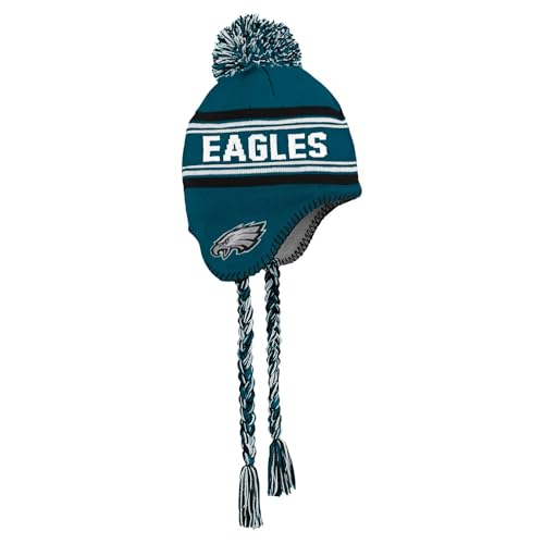 NFL Kids Youth 8-20 Team Color Primary Logo Jacquard Tassel Cold Weather Football Pom Beanie Knit Hat One Size - color: Philadelphia Eagles