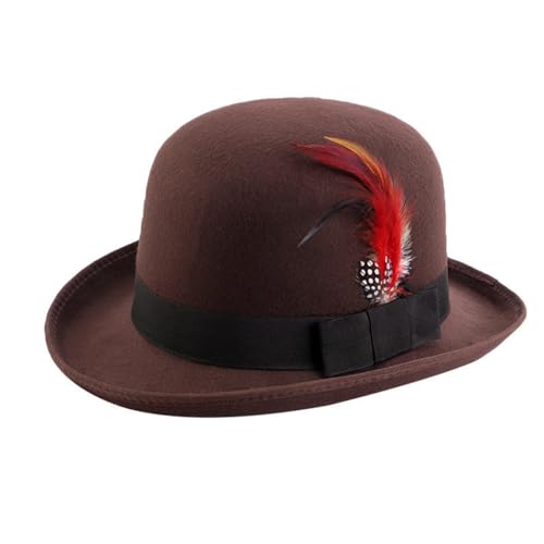 Classic Fedora Hat with Feather, Dome Hard Bowler Cap - color: Coffee