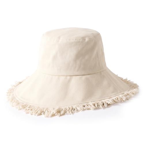 CHOK.LIDS Frayed Bucket Hat Washed Cotton Floppy Wide Brim Boonie Cap - color: Cream