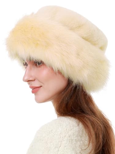 sy soul young Women's Leopard Faux Fur Hats Fluffy Bucket Hat Russian Style - color: Beige