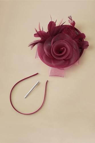 BABEYOND Fascinators Hats for Women Tea Party Mesh Flower Pillbox Derby Hat - color: Wine Red