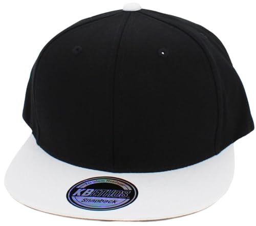 KBETHOS Classic Snapback Hat Blank Cap Underbrim Cotton Wool Blend Flat Visor Adjustable Unisex - color: Black White