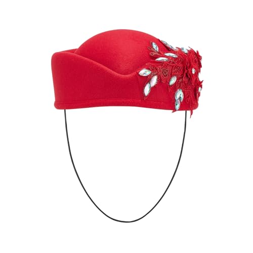 Church Hats for Women, Vintage British Felt Pillbox Diamond Flower Applique Fedoras Fascinator Tea Party Hat