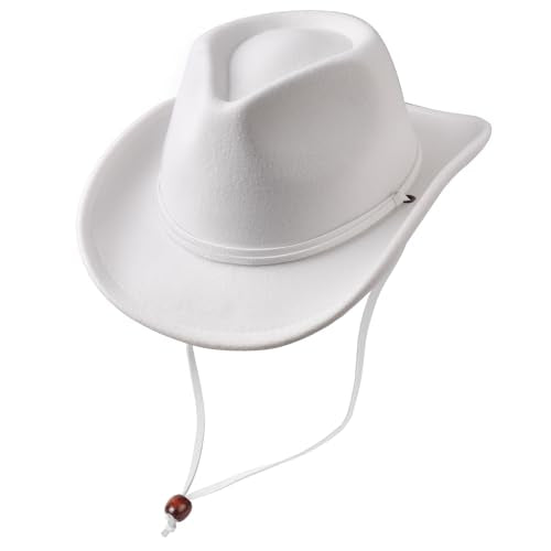 AQOKKA Cowboy Hat Wide Brim Western Cowgirl Hat with Buckle Belt Felt Fedora Cowboy Hat for Girl - color: White