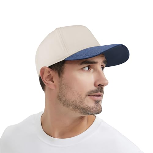 TOPTIE 5 Panel Trucker Hat Snapback Adjustable Cotton Sun Cap for Men - color: Denim Mid Blue Beige