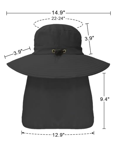 Outdoor Sun Hats with Stowable Neck Flap for Men Women UPF 50+ Mesh Summer Bucket Hat Wide Brim for Fishing Safari Hiking - color: Black