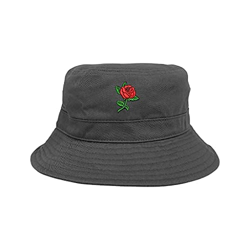 Red Rose Embroidered Bucket Hat, Unisex Hat, Summer Hat, Sun Hat, Outdoors Hat - color: Grey