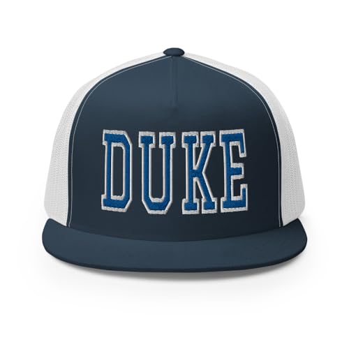 NG Duke Flat Bill Embroidered Trucker Hat High Crown Adjustable Cap - color: Navy/ White