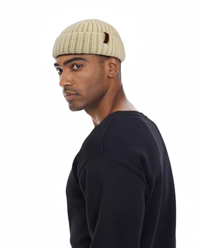 Chunky Wool Fisherman Short Beanie Hats Skull Cap for Men, Mens Thick Skater Streetwear Fishermans Beanie Daily Hat - color: Ivory