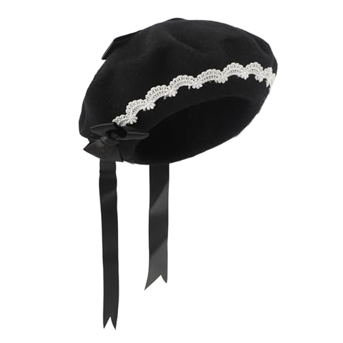 JIAHG Women Girls Sweet Lolita Beret Hat with Detachable Bowknot Painter Hat Woolen French Style Artist Beret Winter Cap - color: Black Beret With Black Bow