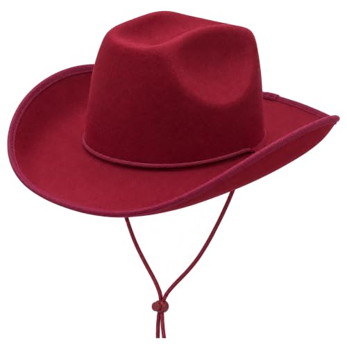 COLLECT PRESENT Plain Felt Cowboy & Cowgirl Hat for Men and Women | Western Studded Cowboy Hat in Adult Sizes - color: Red Wine