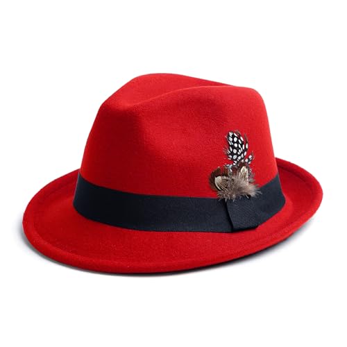 Short Brim Fedora Hat for Men Women Felt Trilby with Feather - color: Red