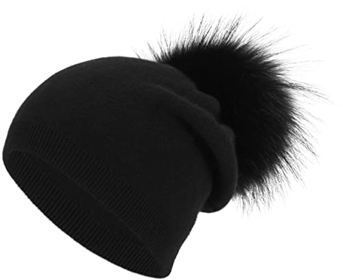 Women's Double Layer Winter Slouchy Knit Beanie Hat with Real Fur Pom Pom - color: Black Pom 3