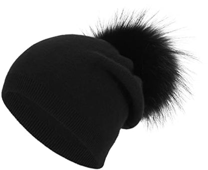 Women's Double Layer Winter Slouchy Knit Beanie Hat with Real Fur Pom Pom - color: Black Pom 3