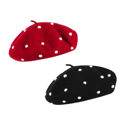 2 Pcs Winter Wool Berets Pearl French Style Beanie Cap Solid Color Winter Hat Beaded Beret Cap for Women and Girls Casual Use （Black, Red）