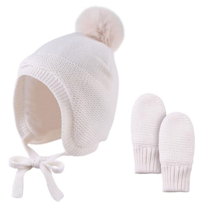 JANGANNSA Basic Winter Baby Beanie Gloves Boy Girl Knitted Kids Hat Mitten - color: White Hat+gloves No Thumb, size: 0-6 Months