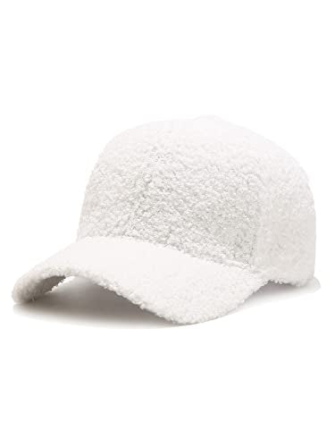 Winter Baseball Cap for Women Lamb Wool Solid Color Warm Golf Hats for Outdoor Travel Adjustable Hat - color: White