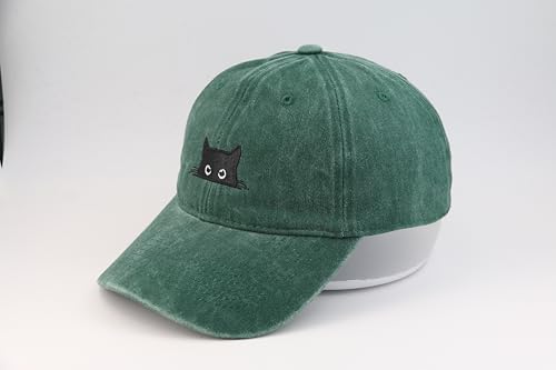 Peeking Black Cat Embroidered Washed Baseball Cap, Adjustable Vintage Dad Hat for Cat Lovers Unisex - color: Green