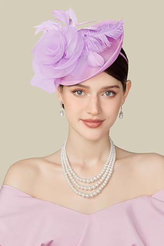 BABEYOND Fascinators Hats for Women Tea Party Mesh Flower Pillbox Derby Hat - color: Lavender