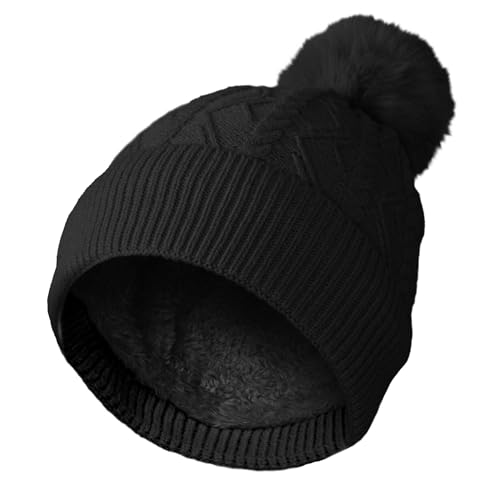 DALIX Cable Knit Pom Beanie Soft Stretch Skully Warm Fuzzy Faux Sherpa Winter Ski Beanie - color: Black