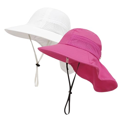 XIAOHAWANG Girls Sun Hat Baby Beach Hats Boys UPF 50+ Kids Summer Protection Cap Toddler Breathable Caps Wide Brim Neck Flap - color: 2 Pack(white+rose), size: 6-12 Months