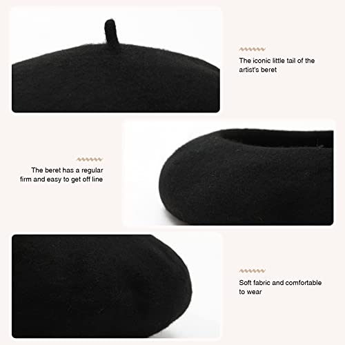 Women French Wool Beret Hats - Solid Color Classic Beanie Winter Cap - color: Thicker-black