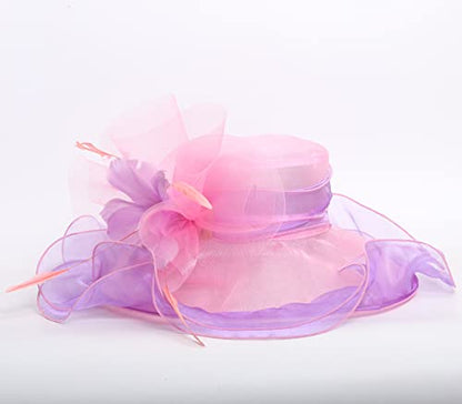 Women Derby Church Organza Flower Wedding Tea Party Fascinator Wide Brim Sun Hat - color: H2-purple,pink Flower