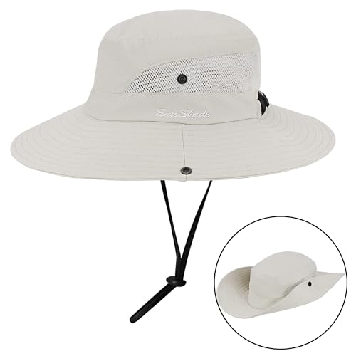 Women's Outdoor-UV-Protection-Foldable-Sun-Hats-Wide-Brim Hat Ponytail-Hole - color: Beige