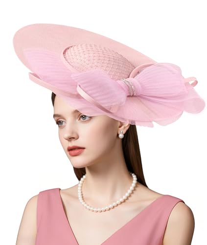 dressfan Wide Brim Fascinator Hats for Women,20s Linen Rhinestones Bow Big Hat for Derby Church Wedding Tea Party - color: Pink
