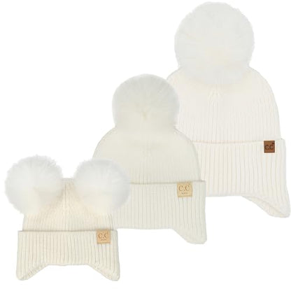 Funky Junque Mommy & Me Double Pom Beanies 3-Pack Matching Winter Hats for Mom, Toddler & Infant Girls, Cozy Knit Family Set - color: Ear Flap - Ivory