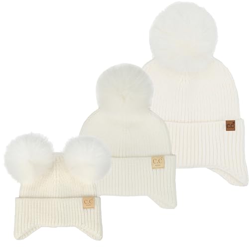Funky Junque Mommy & Me Double Pom Beanies 3-Pack Matching Winter Hats for Mom, Toddler & Infant Girls, Cozy Knit Family Set - color: Ear Flap - Ivory