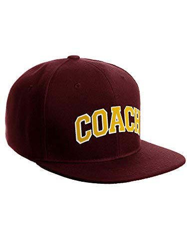 Original Team Coach Snapback Hat Classic Layered Arched Letters Flat Bill Cap - color: Burgundy Hat White Gold Letters